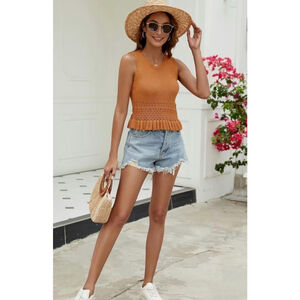 CICIBIRD women’s golden yellow crochet knit cropped top with ruffled hem